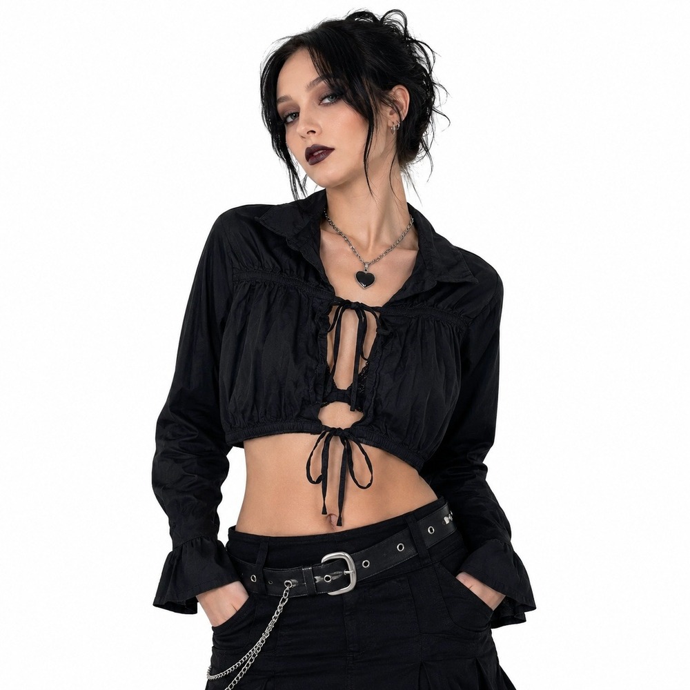 Audrey Lane Tie Front Cut Out Crop Top Solid Black Goth Alternative Grunge Sz L